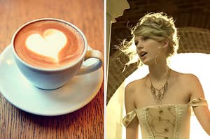 On the left, a heart on top of a latte, and on the right, Taylor Swift in the "Love Story" music video