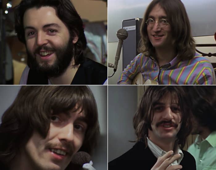 Paul McCartney, John Lennon, George Harrison, and Ringo Starr recording their last album "Let It Be," together