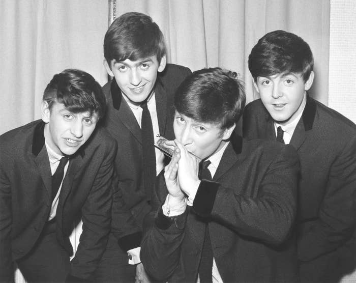 The Beatles pose for an early group portrait, backstage, (L-R): Ringo Starr, George Harrison, John Lennon, Paul McCartney, 1962