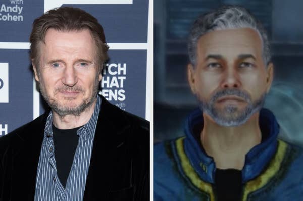 Liam Neeson posing for a photo, James talking to his child in Fallout 3