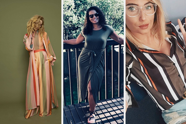 A model in flowy pants / A reviewer in a wrapped dress / A reviewer in a striped shirt
