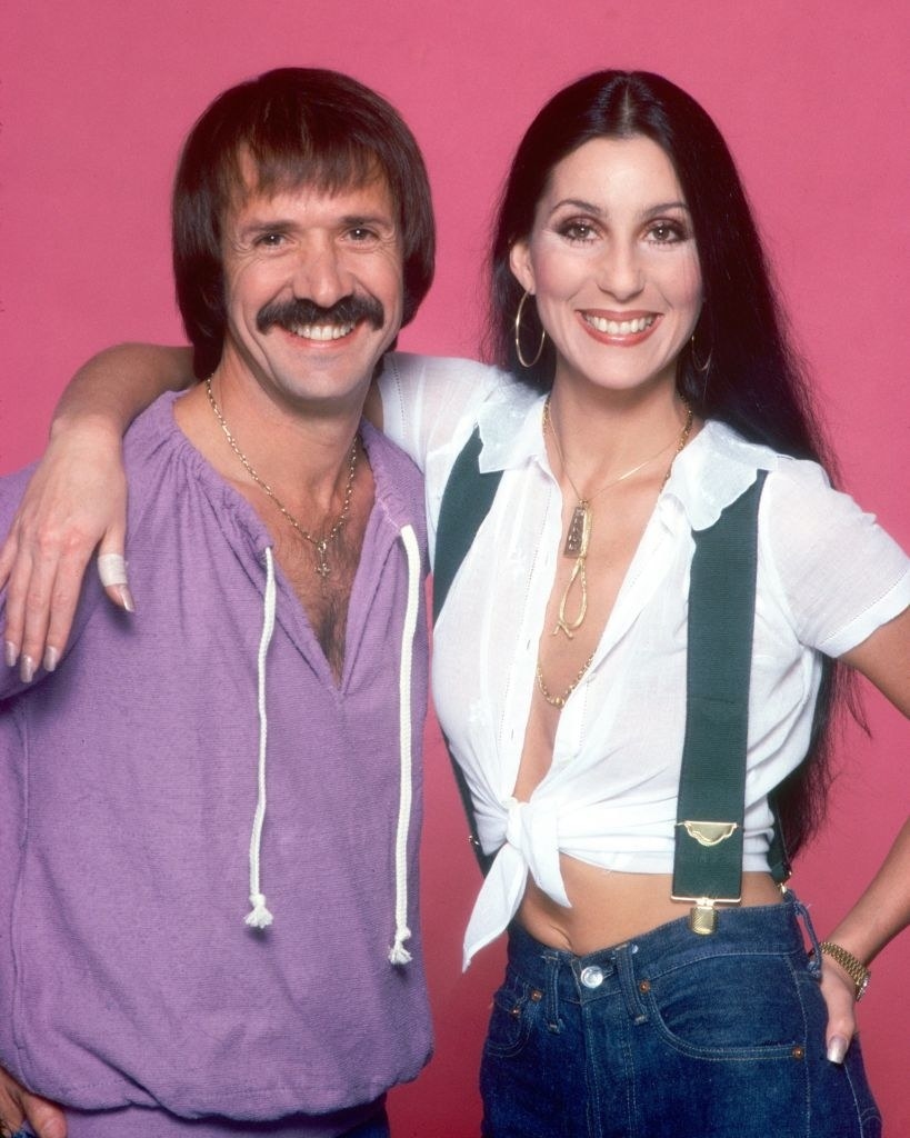 Cher poses with ex-husband Sonny Bono for a photo session on July 22, 1977, in Los Angeles, California