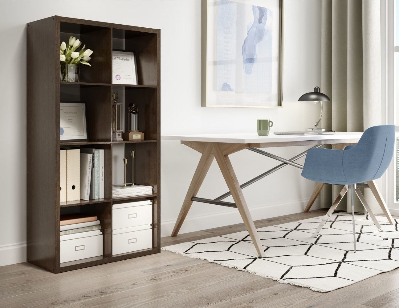 A brown storage unit shelf in a home