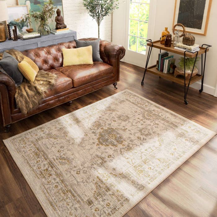 A neutral rug in a home 