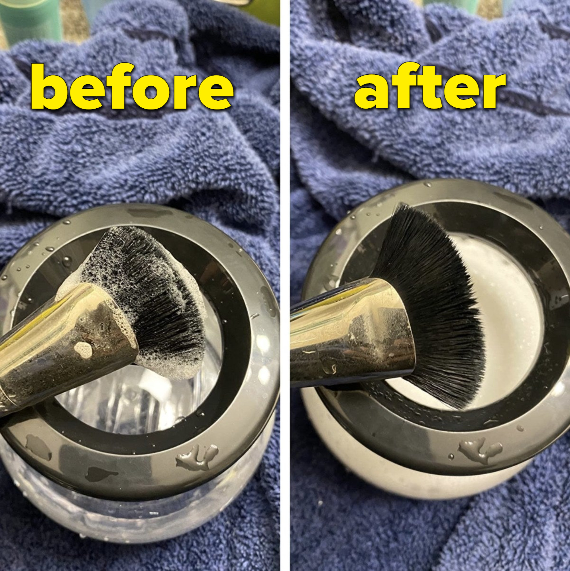 A before and after of a dirty brush