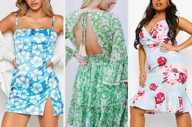 model wearing short dress with slit in a Hawaiian print, model wearing open back boho floral dress, model wearing wrap style dress with peplum hem