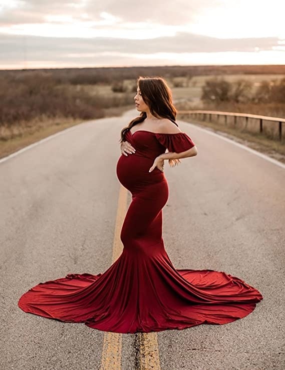 Maternity Dress with Train Off Shoulder Maxi Pregnant Prom Dress or Baby Shower Photography Gowns 