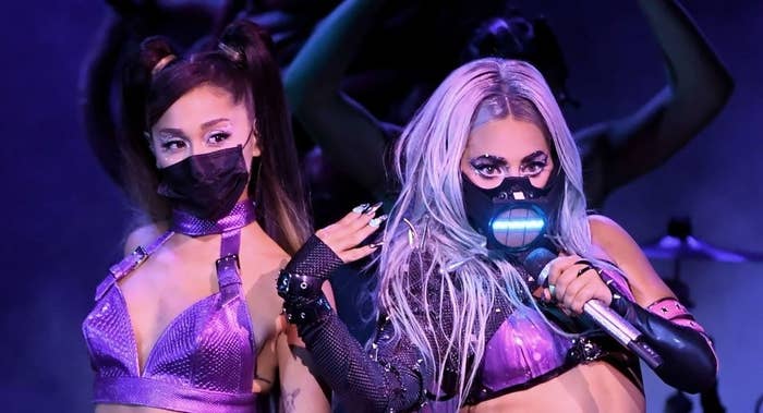 Lady Gaga performing with Ariana Grande