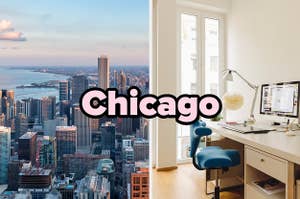 "chicago" over skyline and a home office
