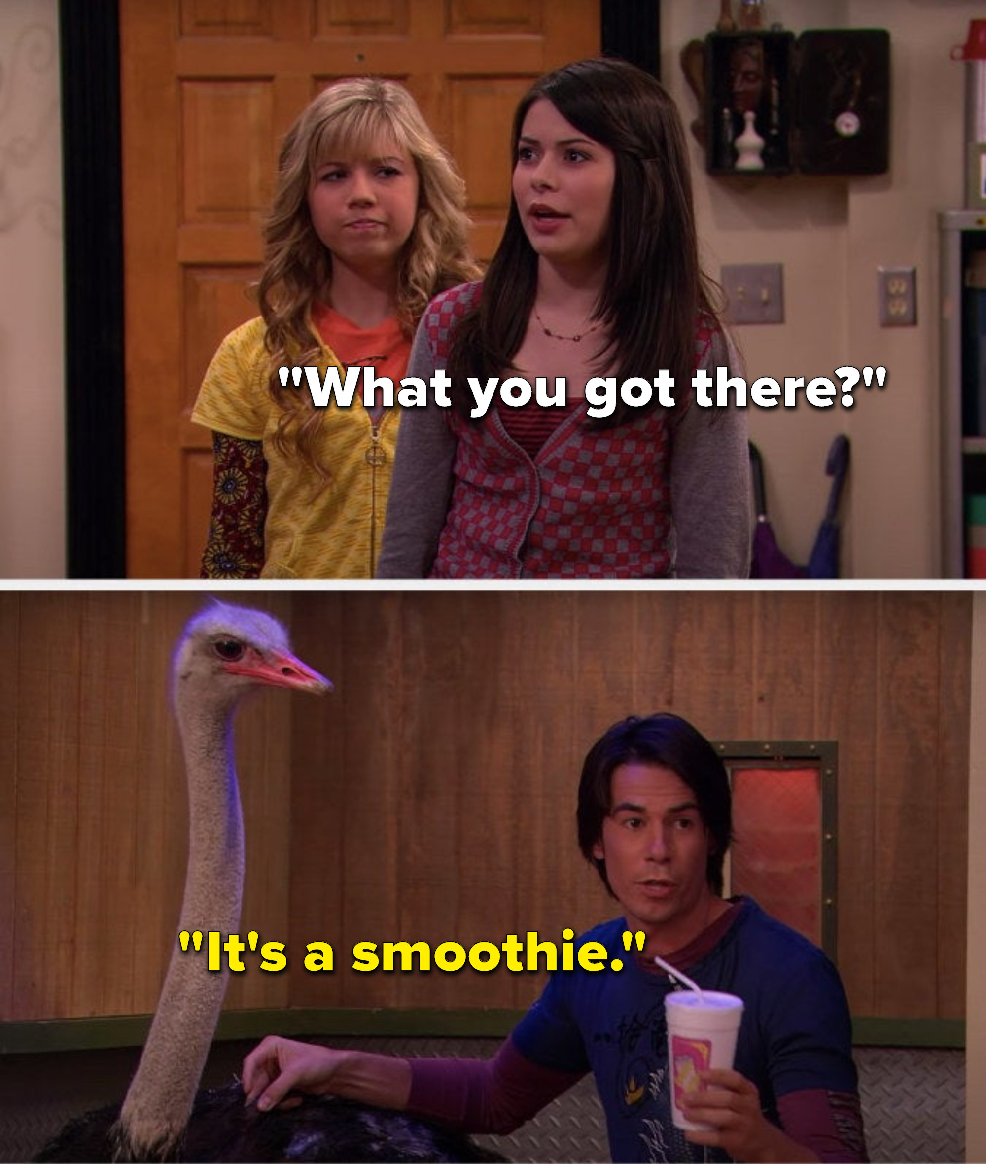 Carly says, &quot;What you got there,&quot; and Spencer says, &quot;It&#x27;s a smoothie,&quot; while he&#x27;s standing in the loft elevator with an ostrich