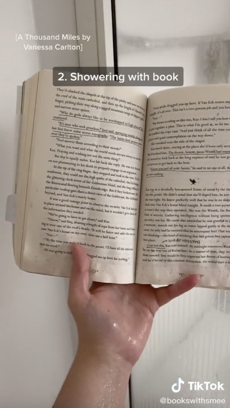 TikTok of showering with book