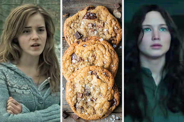 On the left, Hermione Granger, in the middle, chocolate chip cookies with flaky sea salt on top, and on the right, Katniss Everdeen