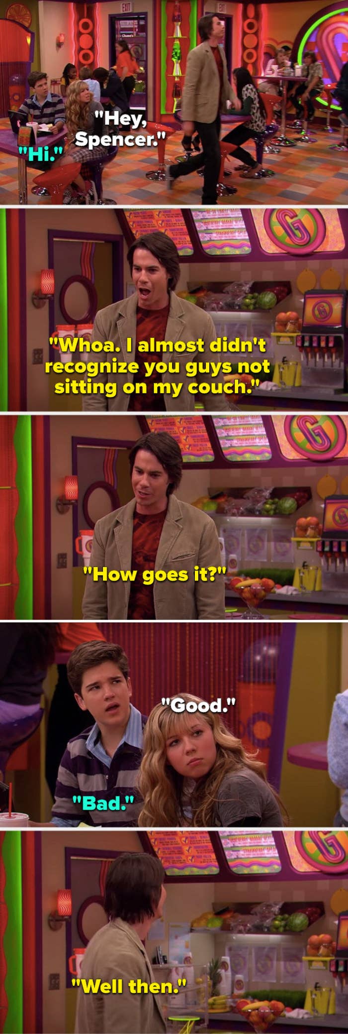 At a restaurant, Sam says, &quot;Hey, Spencer,&quot; Freddie says, &quot;Hi,&quot; Spencer says, &quot;Whoa, I almost didn&#x27;t recognize you guys not sitting on my couch. How goes it,&quot; Sam says, &quot;Good,&quot; Freddie says, &quot;Bad,&quot; and Spencer says &quot;Well then&quot; and turns to look at the menu