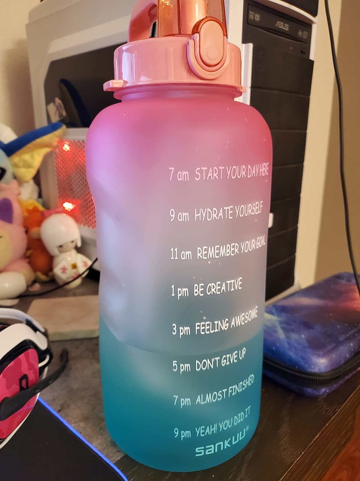 Review photo of the pink/blue gradient motivational water bottle