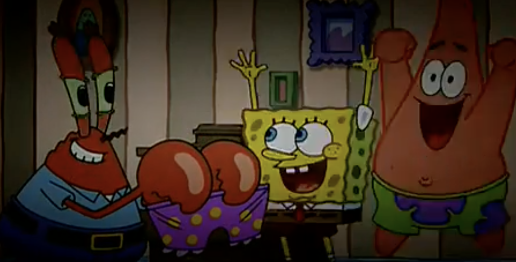 Mr. Krabs holding underwear as Spongebob and Patrick cheer