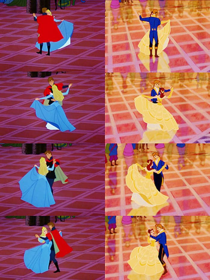 A side-by-side of four panels comparing Sleeping Beauty and Beauty and the Beast