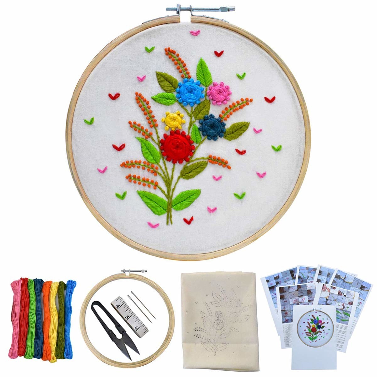 The embroidery set comes with threads, scissors, tape, needles, hoop and a pre-traced bouquet and instruction booklets.