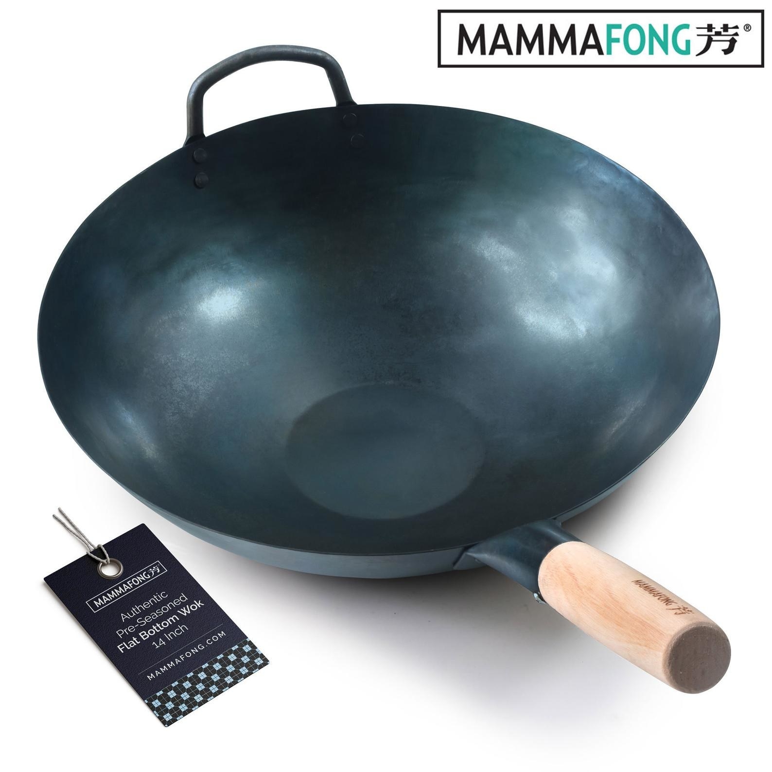 product image of wok with Mammafong logo in upper right-hand corner and label on the side