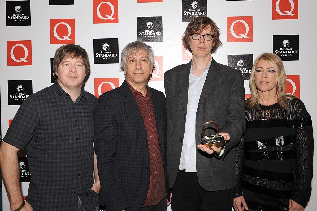 Steve Shelley, Lee Ranaldo, Thurston Moore, And Kim Gordon pose on a red carpet together in London