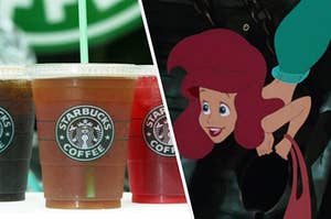 Three iced Starbucks drinks sit on a table and Princess Ariel grips the edge of a sunken ship's window excitedly.