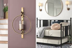 a brass sconce and a black day bed