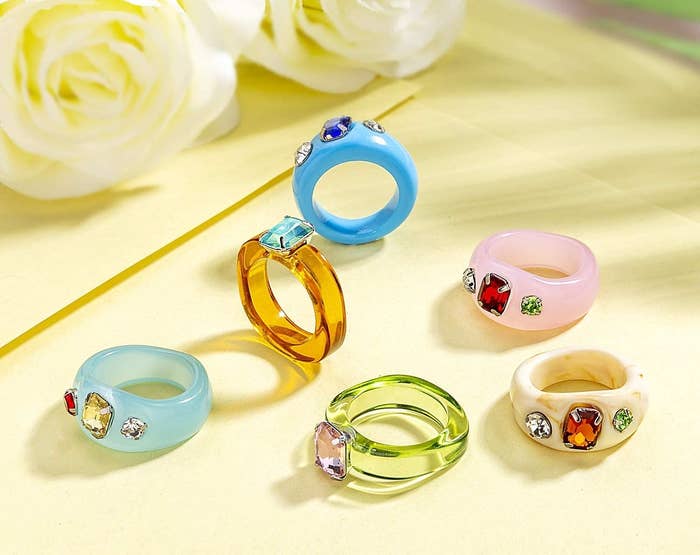 six of the colorful resin rings