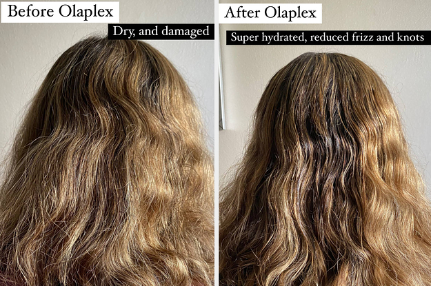 on the elft the writer's dry ahir before olaplex, on the right the writer's moisturized hair after olaplex
