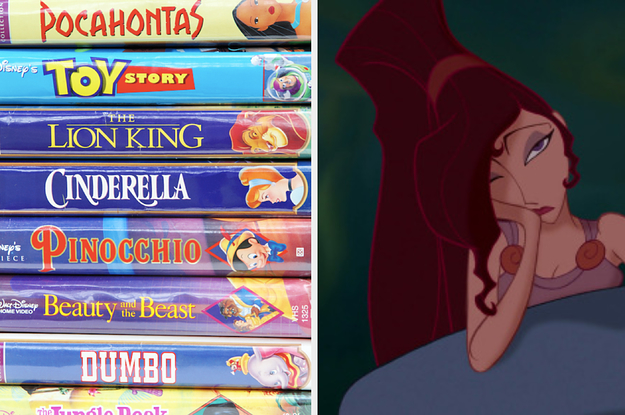disney VHS tapes on the left and megara from hercules on the right