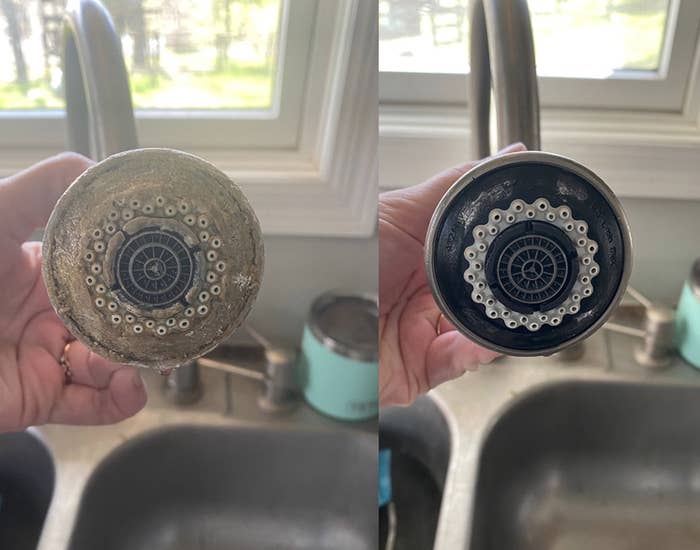 reviewer sink faucet with hard water build-up on left and looking completely clean on right 