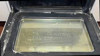 Gif of model using towel to wipe up oven scrub