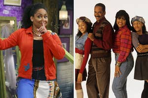 Raven Symone is on the left with a finger over her mouth with Sister Sister cast on the right