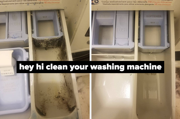 washing machine on left covered in dirt and washing machine on right looking completely clean