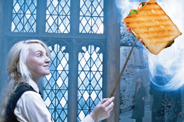 Evanna Lynch as Luna Lovegood points her wand up to reveal a bacon and tomato sandwich.
