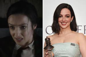 Laura Donnelly in "The Nevers" next to her with an award for "The Ferryman" 