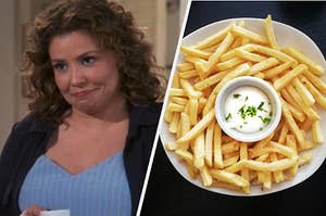 Justina Machado as Penelope Alvarez in the show "One Day at a Time" and a plate of French fries with a cup of ranch in the middle.