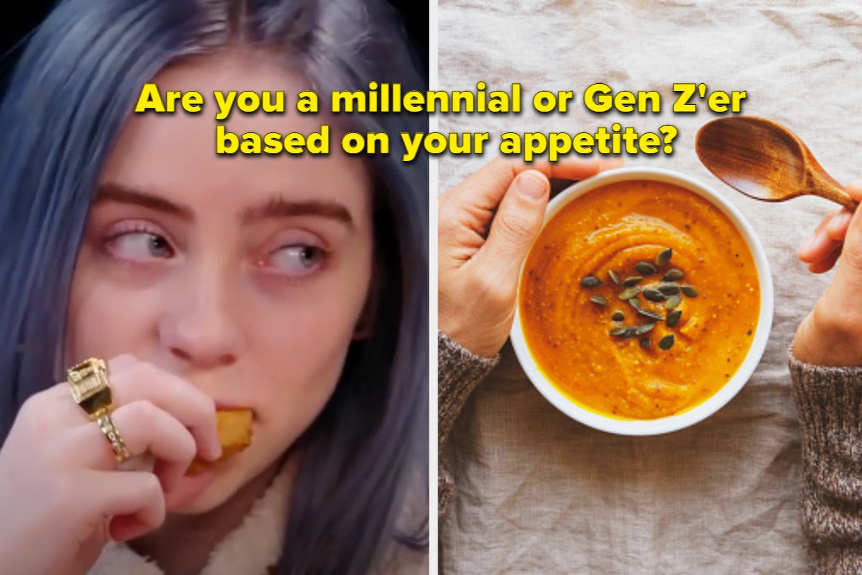 Billie Eilish is on the left eating with a person holding soup on the right