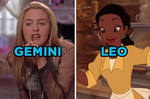 On the left, Cher from "Clueless" putting on lip liner labeled "Gemini," and on the right, Tiana from "The Princess and the Frog" making beignets labeled "Leo"