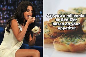 Selena Gomez is on the left eating ice cream with garlic bread on the right labeled, "Are you a millennial or Gen Z'er based 