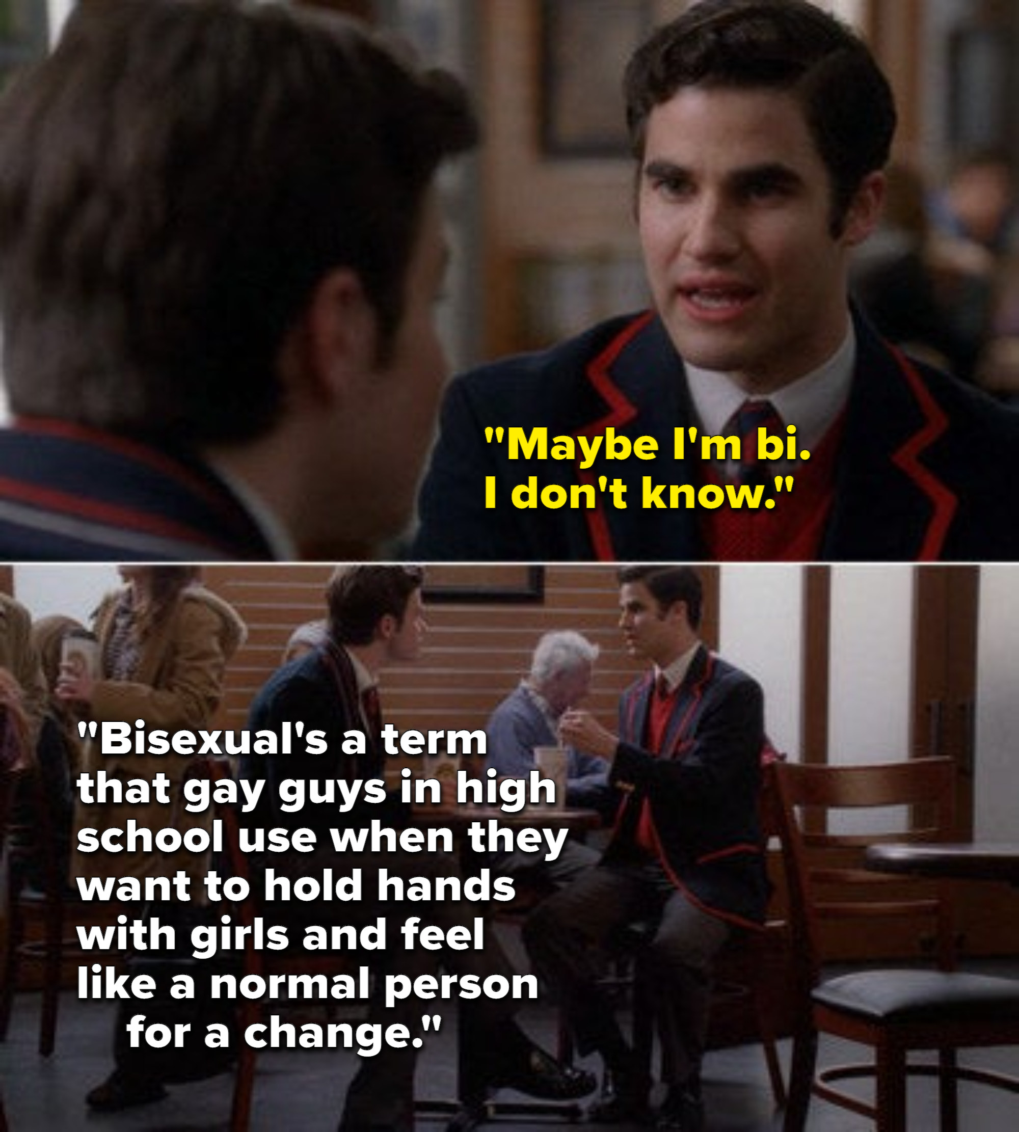 Blaine saying he might be bi and Kurt saying that bisexuality doesn&#x27;t exist