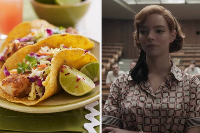A plate of tacos are on the left with a woman in &#x27;50s clothes on the right 