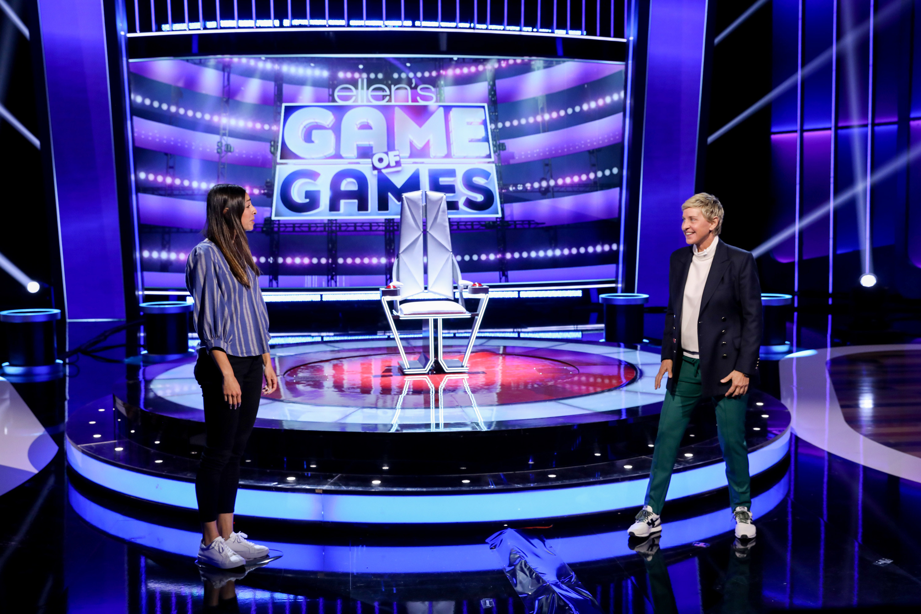 Ellen DeGeneres and Rebecca Mehra about to play a game