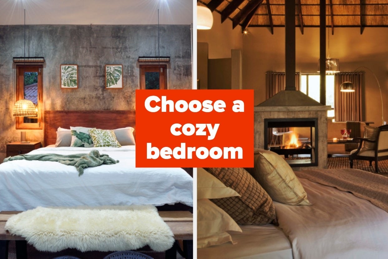 &quot;Choose a cozy bedroom&quot; with a bedroom with a big bed, a bunch of pillows, and two tiny windows, and a bigger bedroom with a fireplace and a vaulted ceiling with a big window 