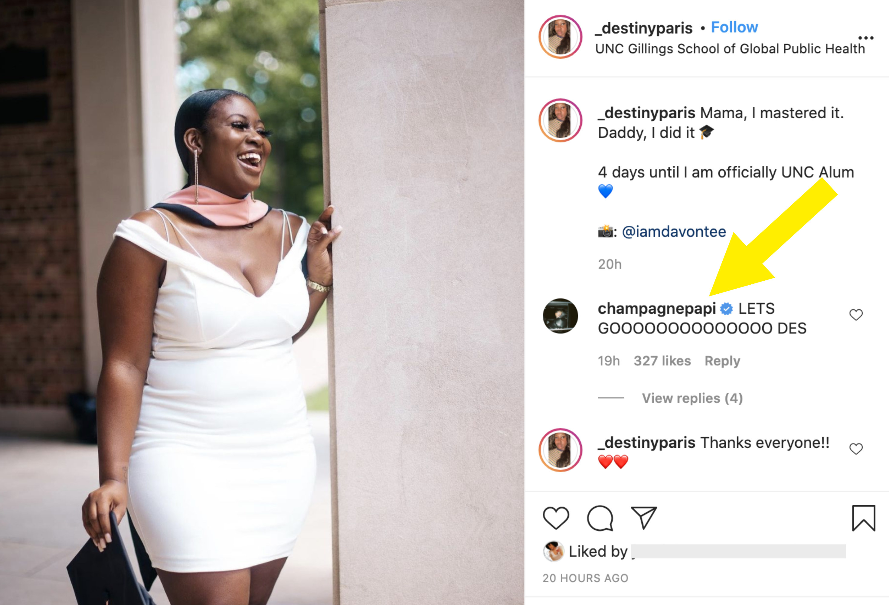 Drake commented on her IG photo celebrating her graduation