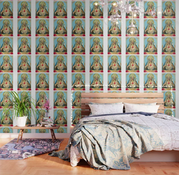 The wallpaper on a bedroom wall