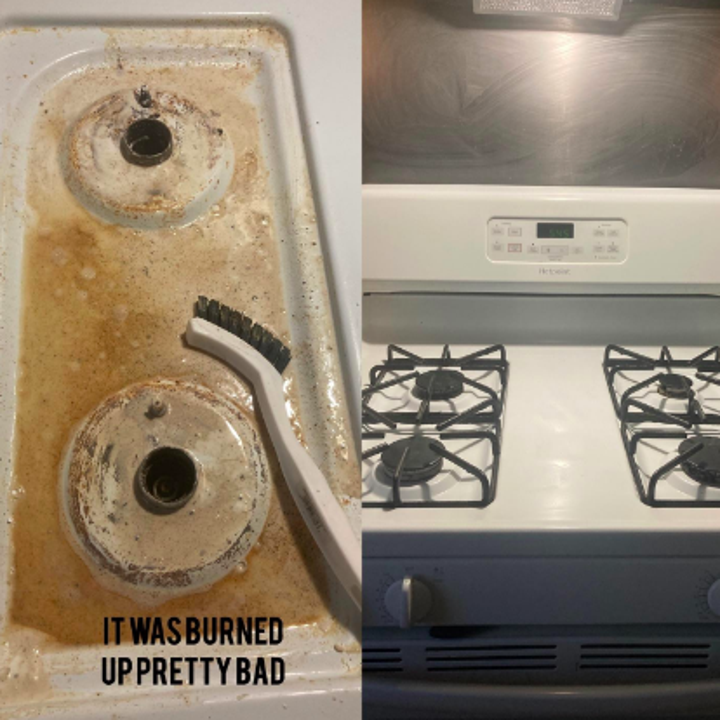 Reviewer's oven with years of burned food on the stovetop sparkly clean after use 