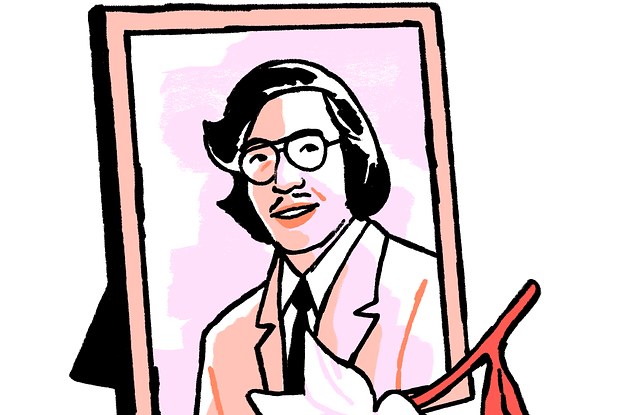 Illustration of a framed memorial photograph of Vincent Chin