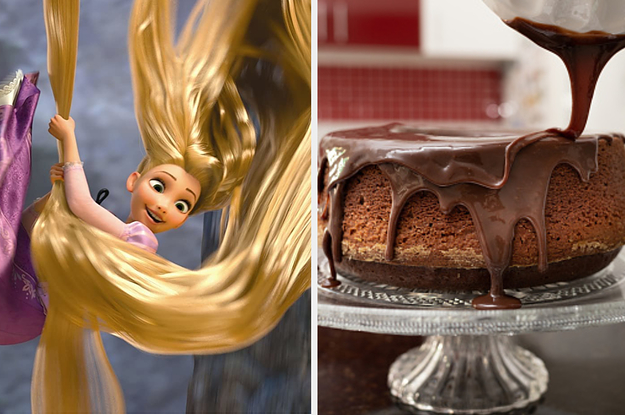 Rapunzel is on the left with her hair to the floor and a chocolate cake on the right