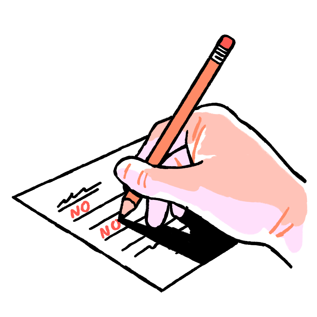 Illustration of a hand writing NO on a form