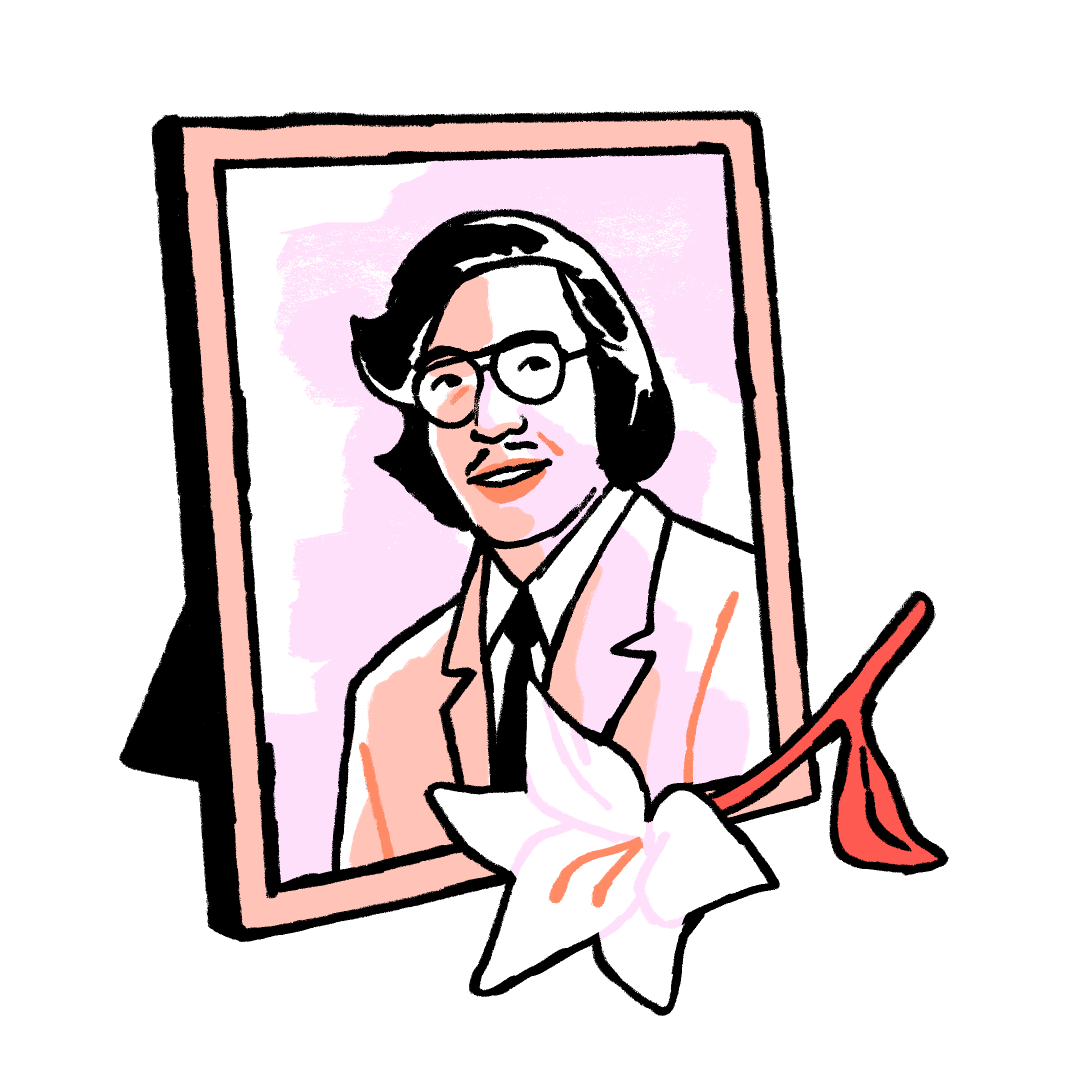 Illustration of a framed memorial photograph of Vincent Chin