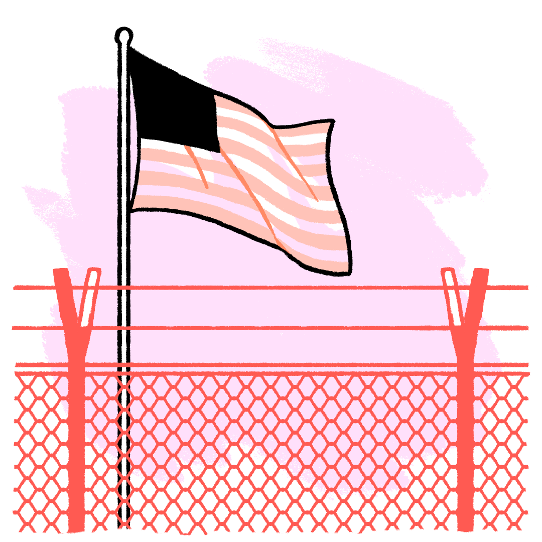 Illustration of a US flag behind a chain-link fence